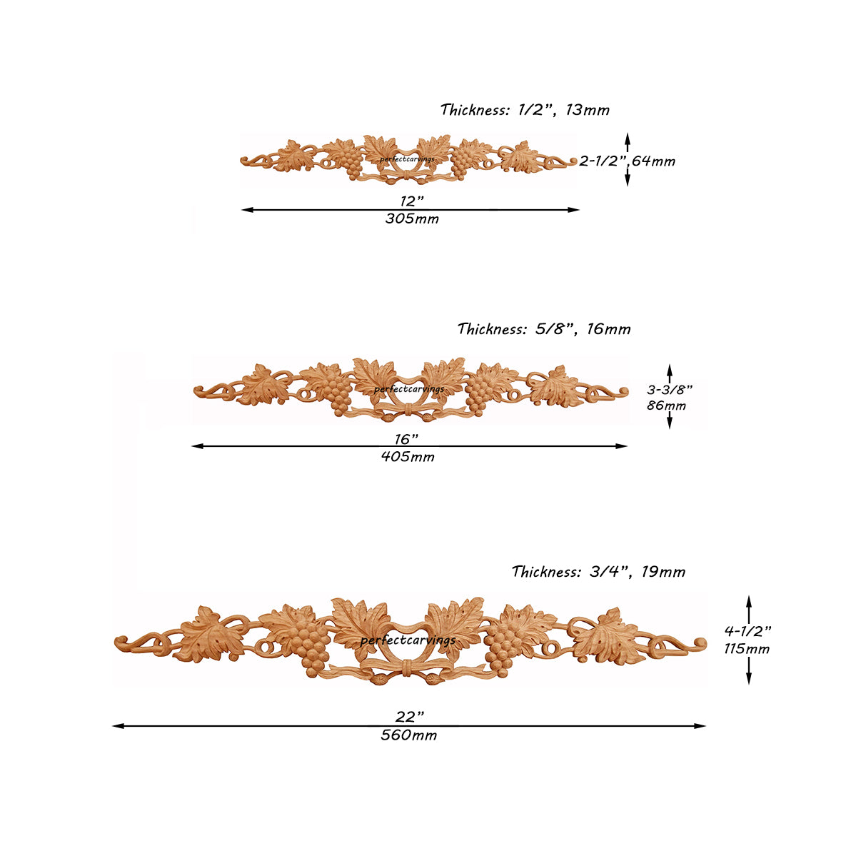 Carved Grapevine Ribbon Bow Wood Applique Onlay, Available in 12", 16" & 22" Wide