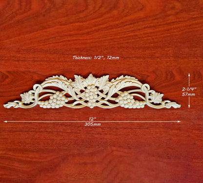 Interwoven Ribbon and Grapevine Carved Applique, Onlay for Furniture, Available from 12" to 22-3/4" Wide, Single