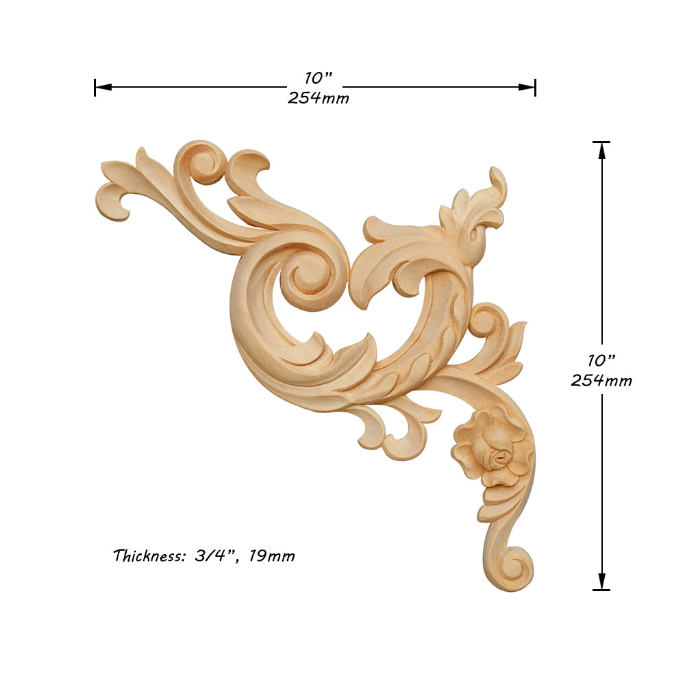 PAIR of Wood Carved Scrolled Leaf & Rose Corner Appliques for Panel, Available in 3 Sizes
