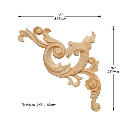 PAIR of Wood Carved Scrolled Leaf & Rose Corner Appliques for Panel, Available in 3 Sizes