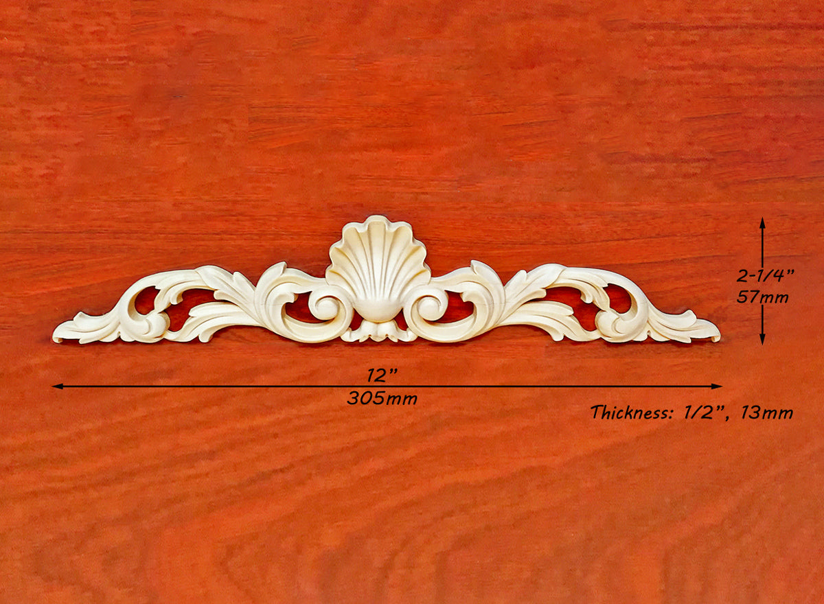 Elegant Acanthus Shell Carved Wood Applique, Furniture Onlay, Available from 12" to 22-1/4" Wide, Single