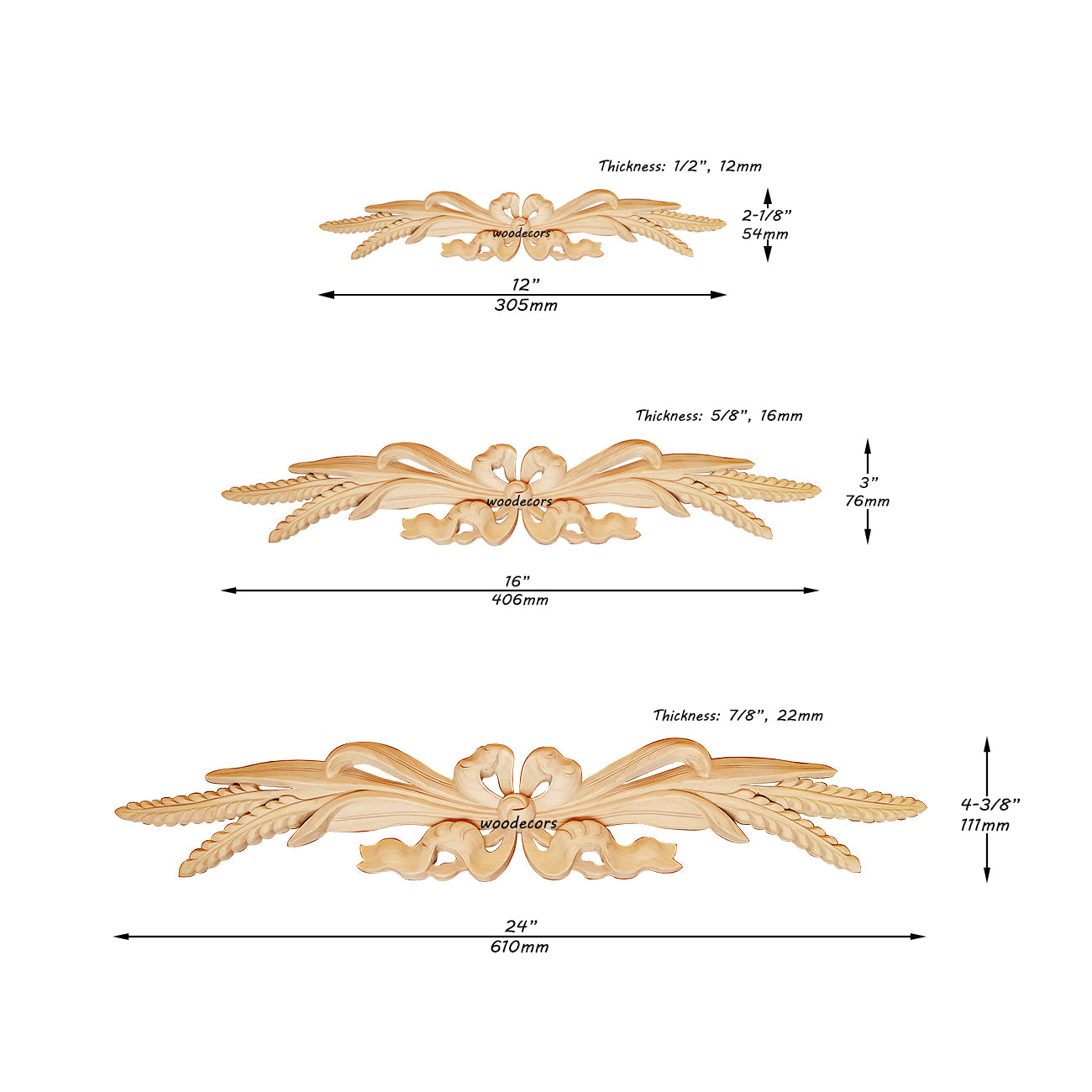 Delicate Carved Wheat Ribbon Wood Applique Onlay, Available in 12