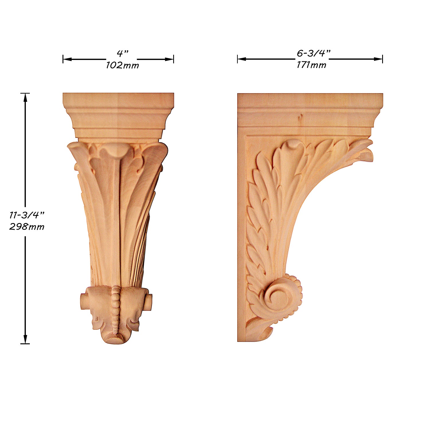 PAIR of Wood Carved Feather Leaf Carved Wood Corbels, Available in 9
