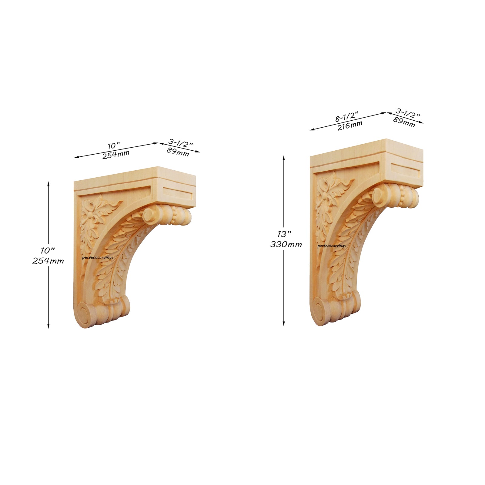 PAIR of Elegant Arch Scroll Carved Wood Bracket Corbels, Available in Four Sizes