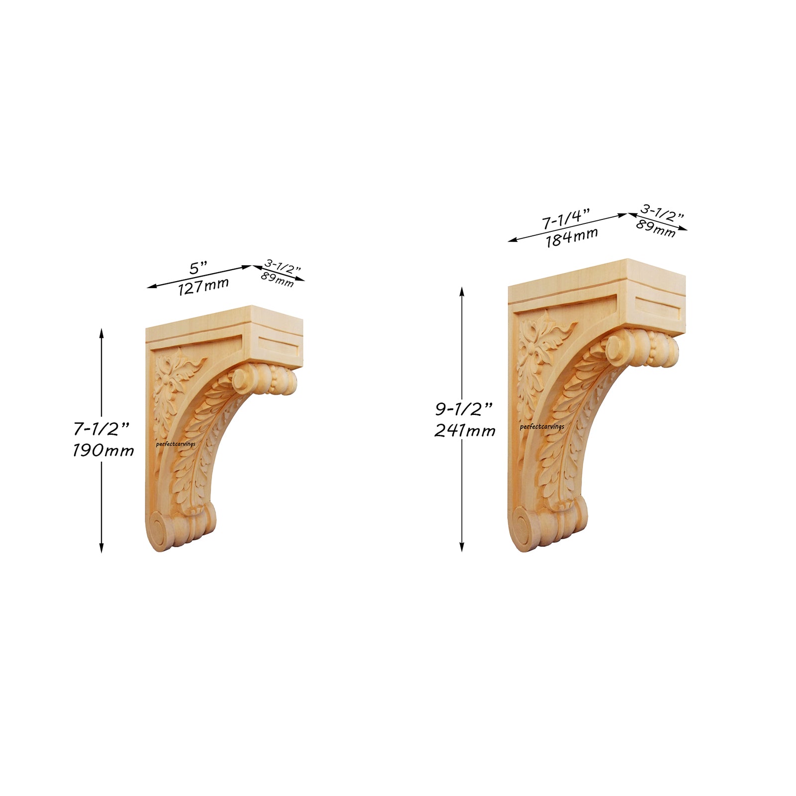 PAIR of Elegant Arch Scroll Carved Wood Bracket Corbels, Available in Four Sizes
