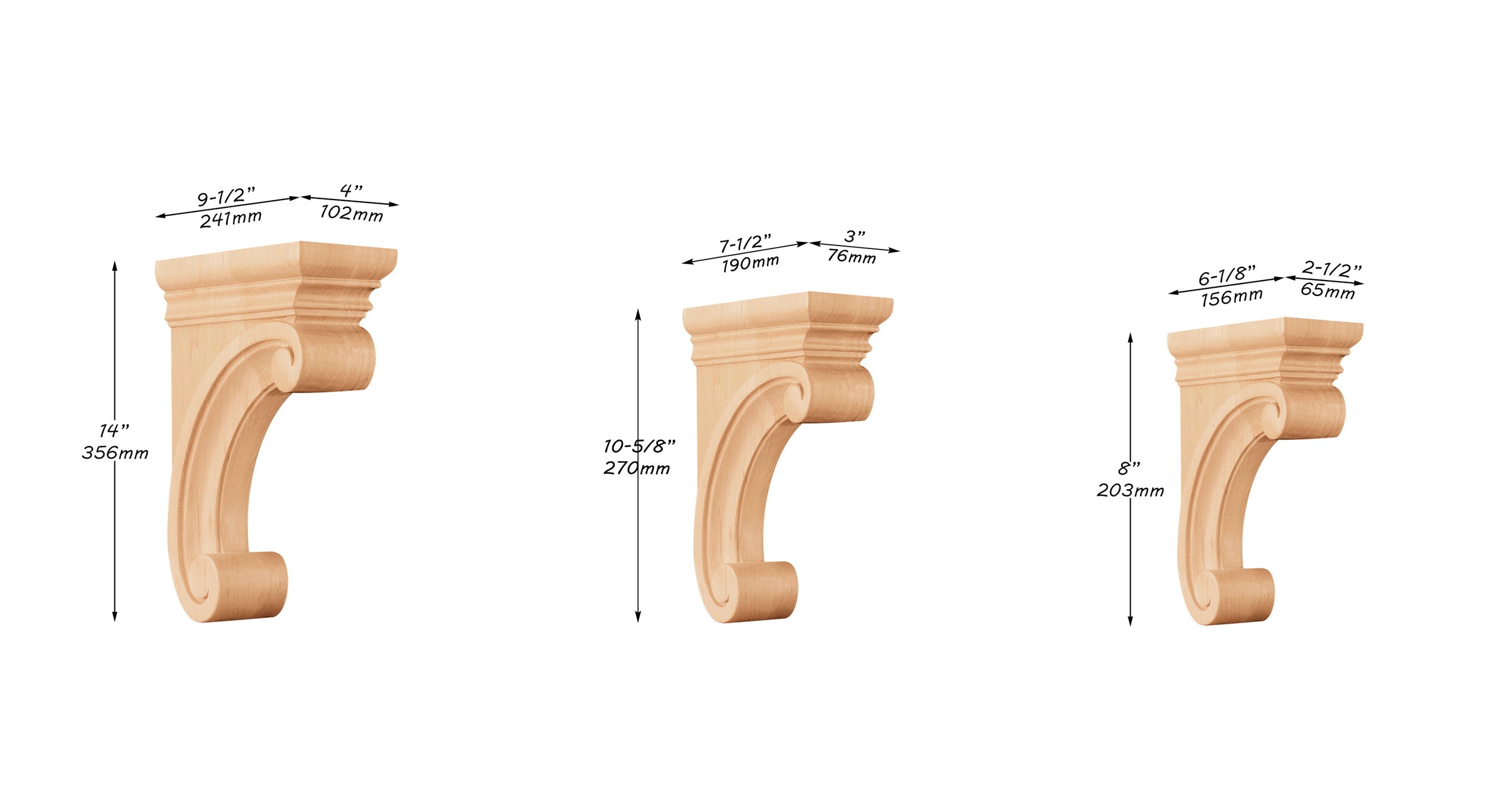 PAIR of Contemporary Scroll Wood Carved Corbels, Rangehood Corbels, Available in 5 Sizes