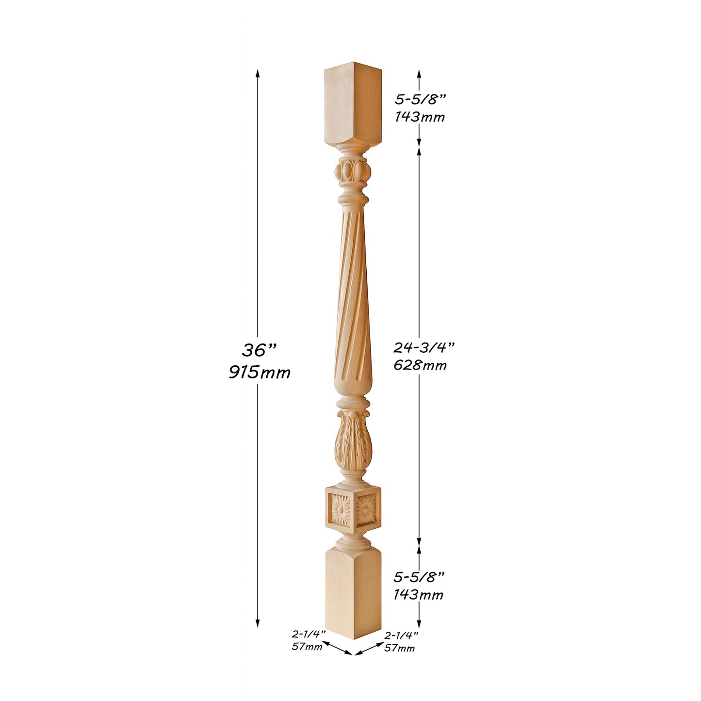Set of 4, SPD-08 Solid Carved Spiral Flutes and Acanthus Carved Stair Balusters, Spindles, 2-1/4"x2-1/4"x36"H