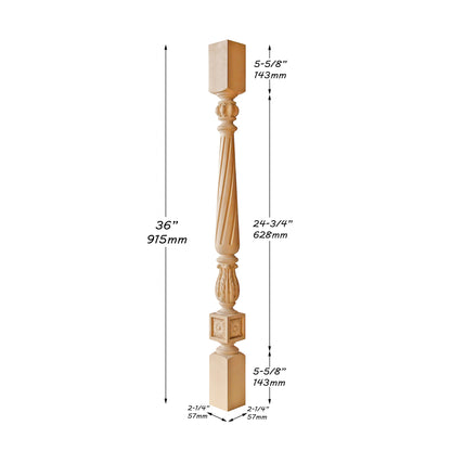 Set of 4, SPD-08 Solid Carved Spiral Flutes and Acanthus Carved Stair Balusters, Spindles, 2-1/4"x2-1/4"x36"H