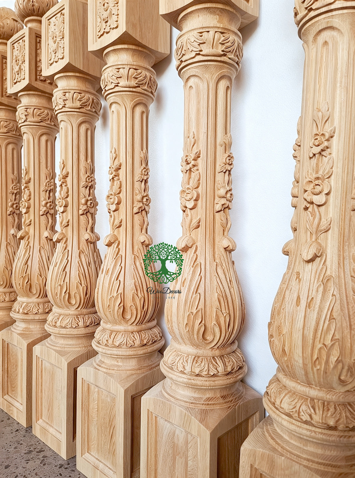 NWL-07 Large Floral Vine Carved Newel Post, 6-1/2"x6-1/2"x50-1/4"H, Unfinished, Single
