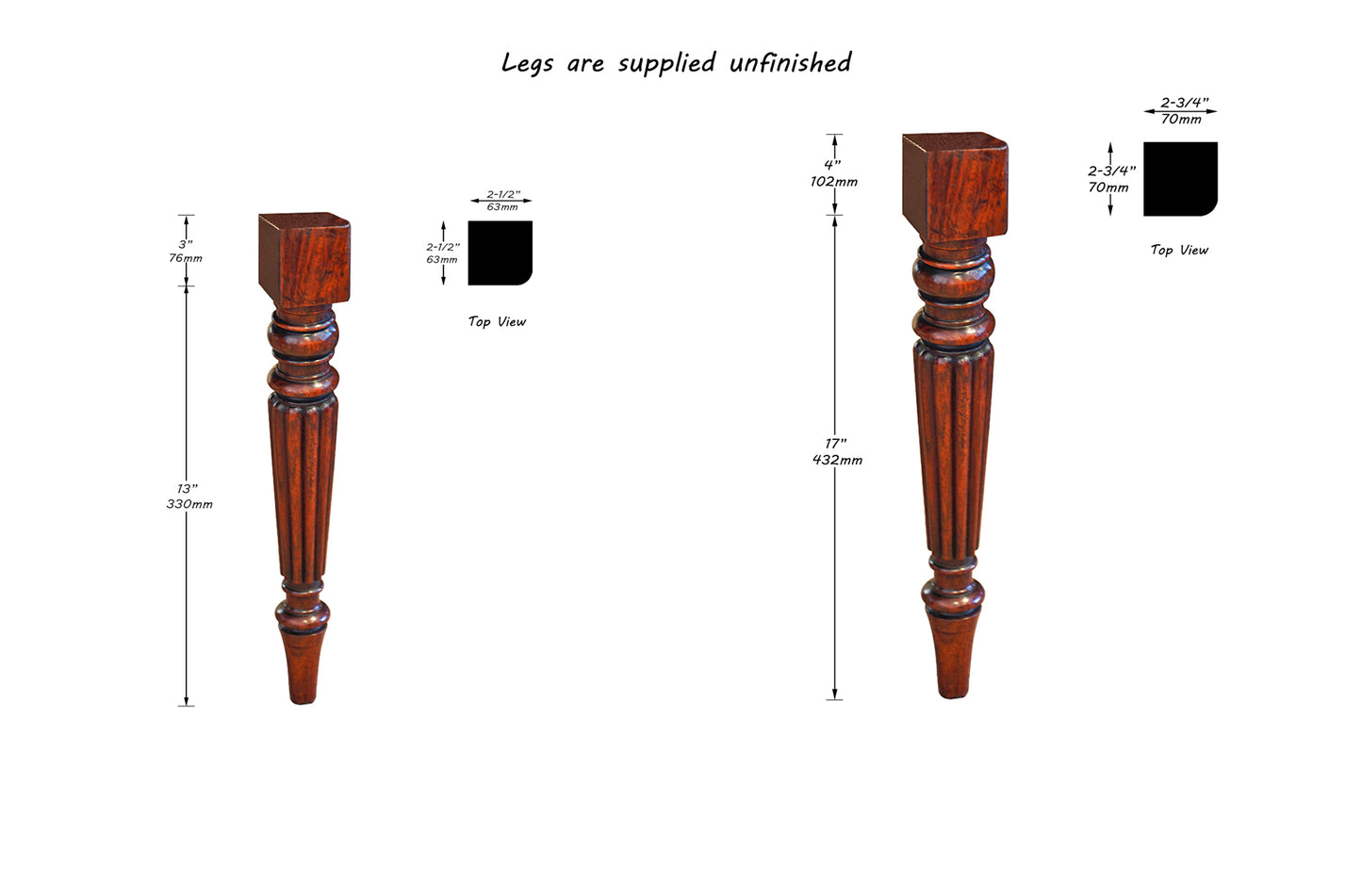 PAIR of Traditional French Style Chair Legs, Available in 16" & 21" High,  Unfinished