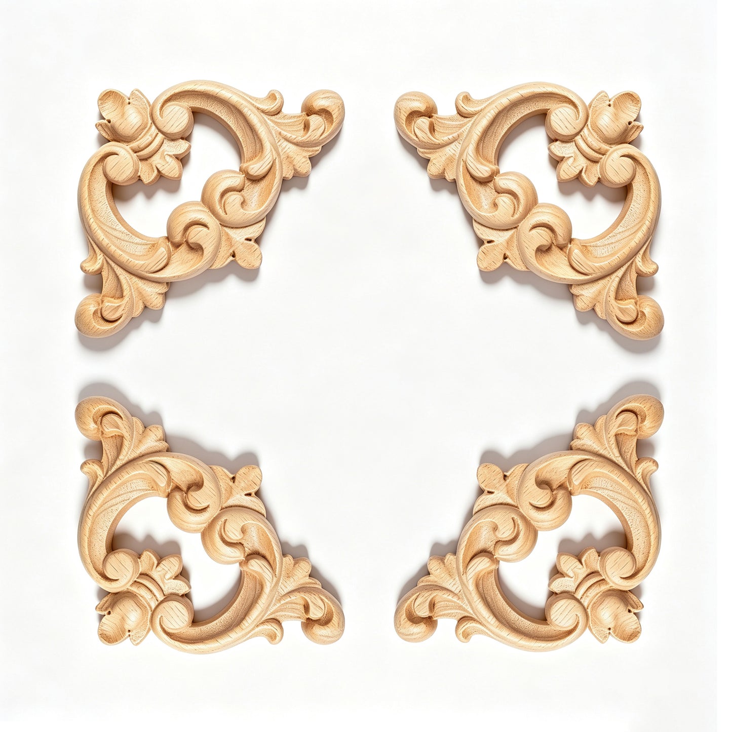Two Pairs of Scroll Leaf Carved Decorative Corners, Appliques for Panel, 2 Sizes Available