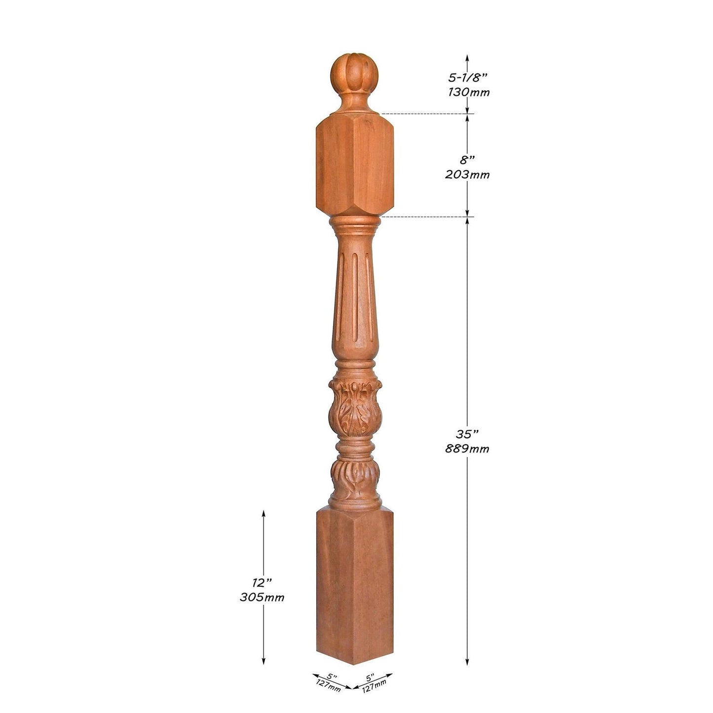NWL-02 Solid Acanthus Carved Fluted Stair Newel Post, 5"x5"x48-1/8", Unfinished, Single