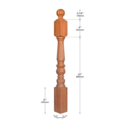 NWL-02 Solid Acanthus Carved Fluted Stair Newel Post, 5"x5"x48-1/8", Unfinished, Single
