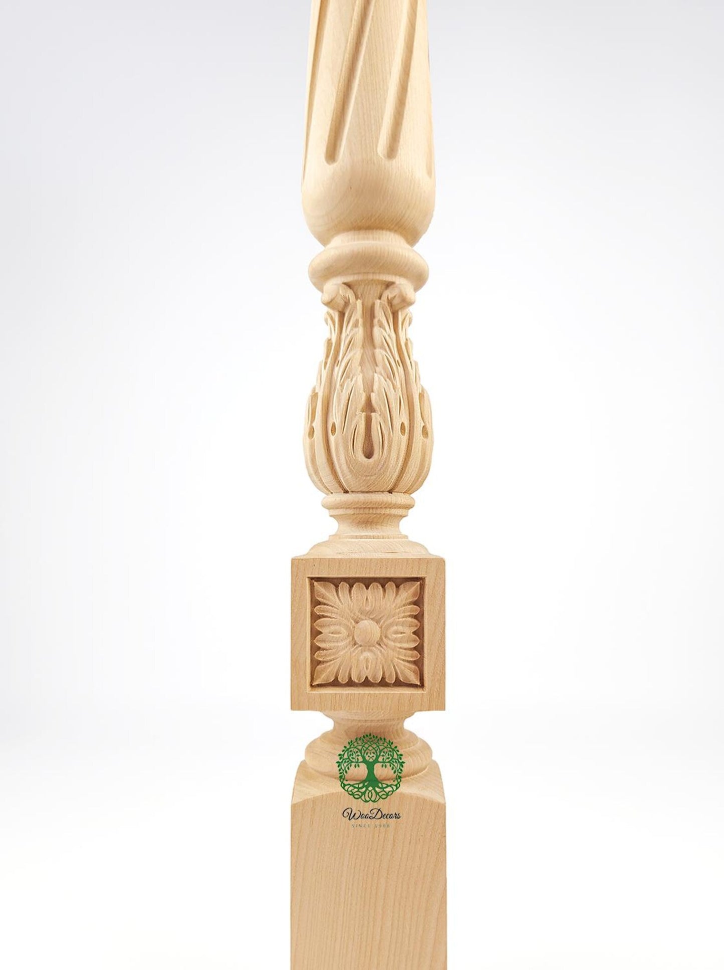 Set of 4 Solid Carved Spiral Flutes and Acanthus Carved Stair Balusters, Spindles, 2-1/4"x2-1/4"x36"H