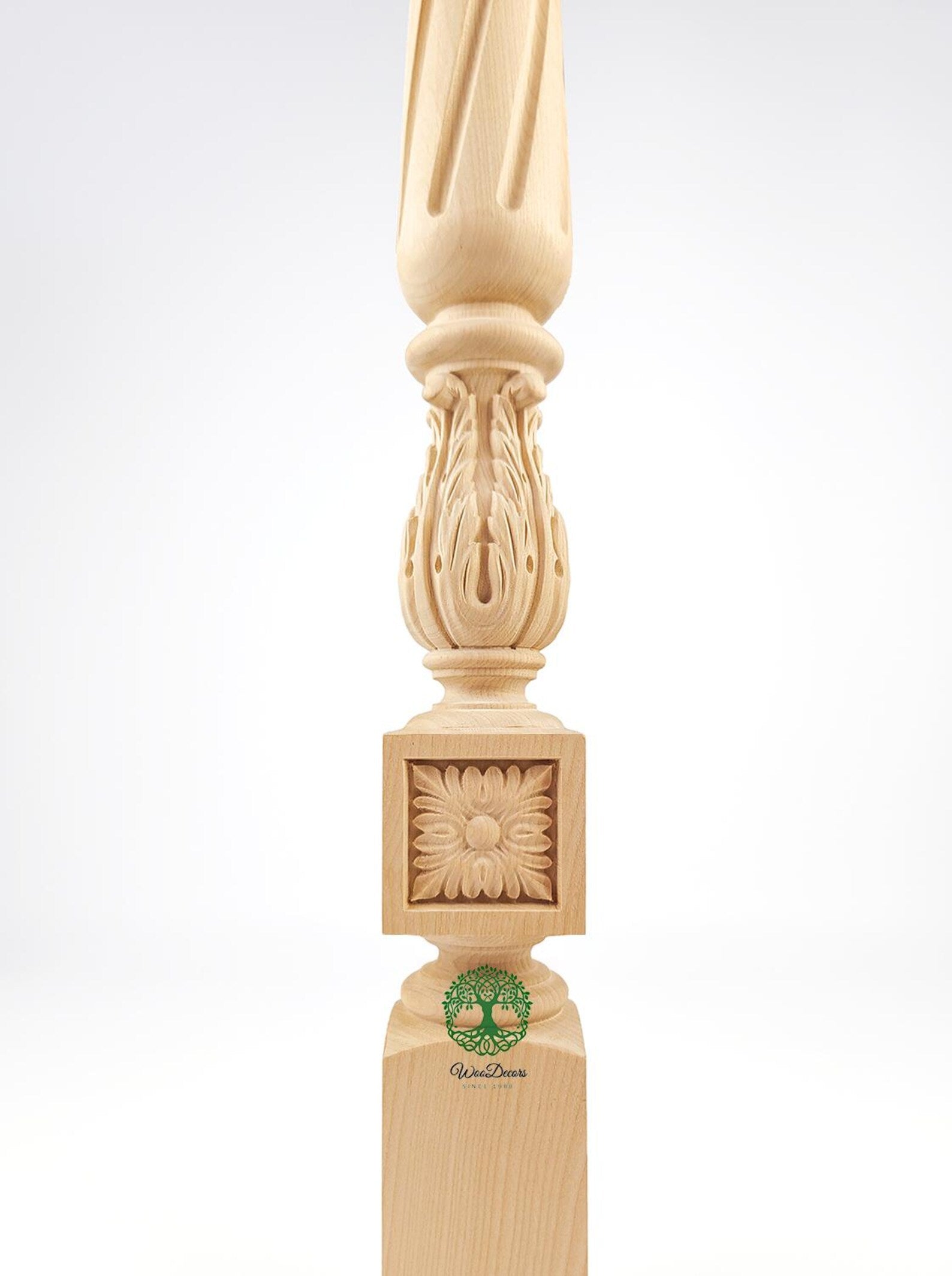 Set of 4 Solid Carved Spiral Flutes and Acanthus Carved Stair Balusters, Spindles, 2-1/4"x2-1/4"x36"H