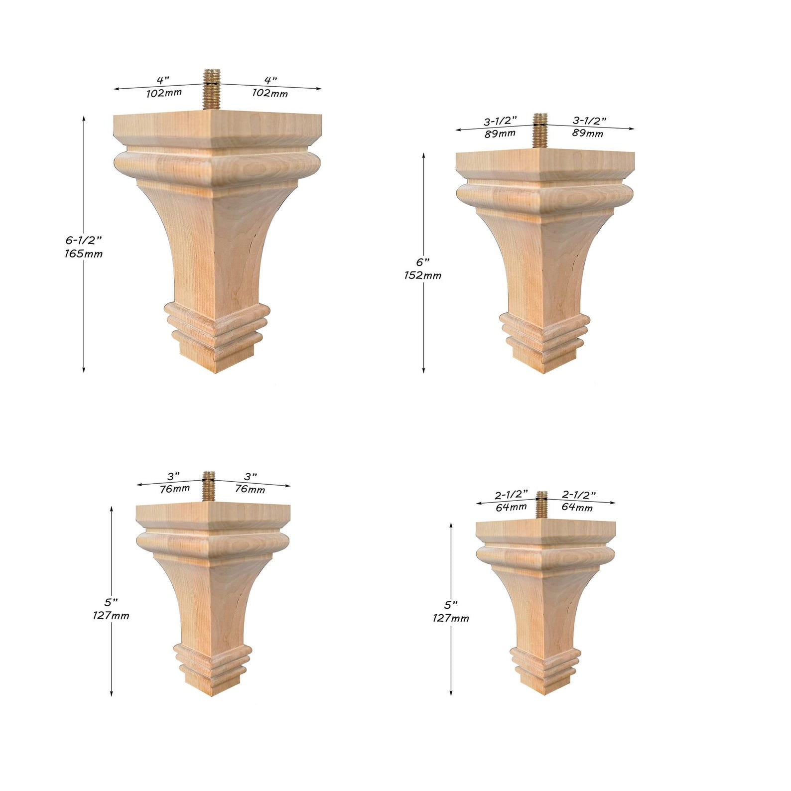 PAIR of Carved Square Furniture Legs, Square Top, Available from 2-1/2" to 4" Square