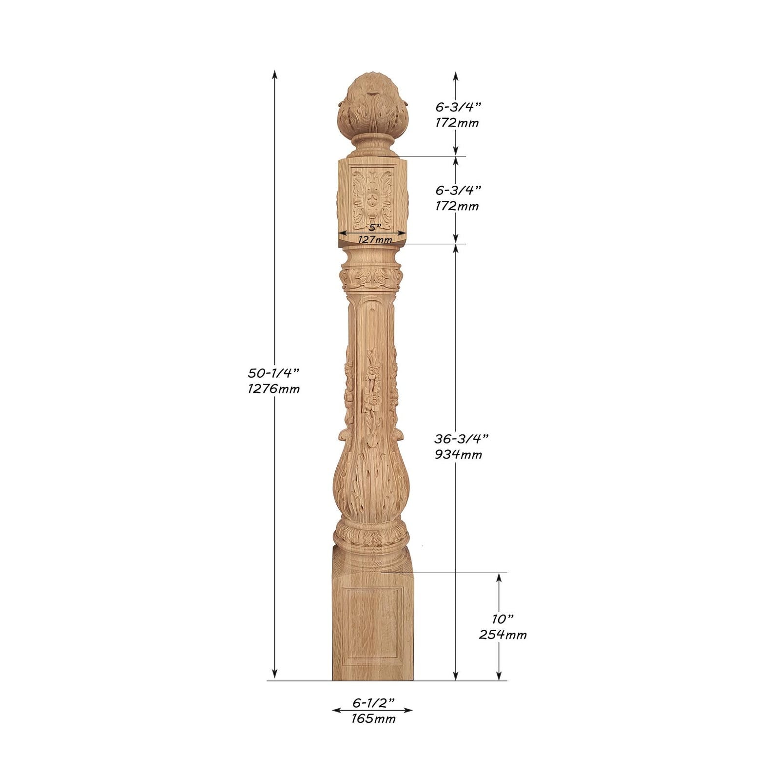 NWL-07 Large Floral Vine Carved Newel Post, 6-1/2"x6-1/2"x50-1/4"H, Unfinished, Single
