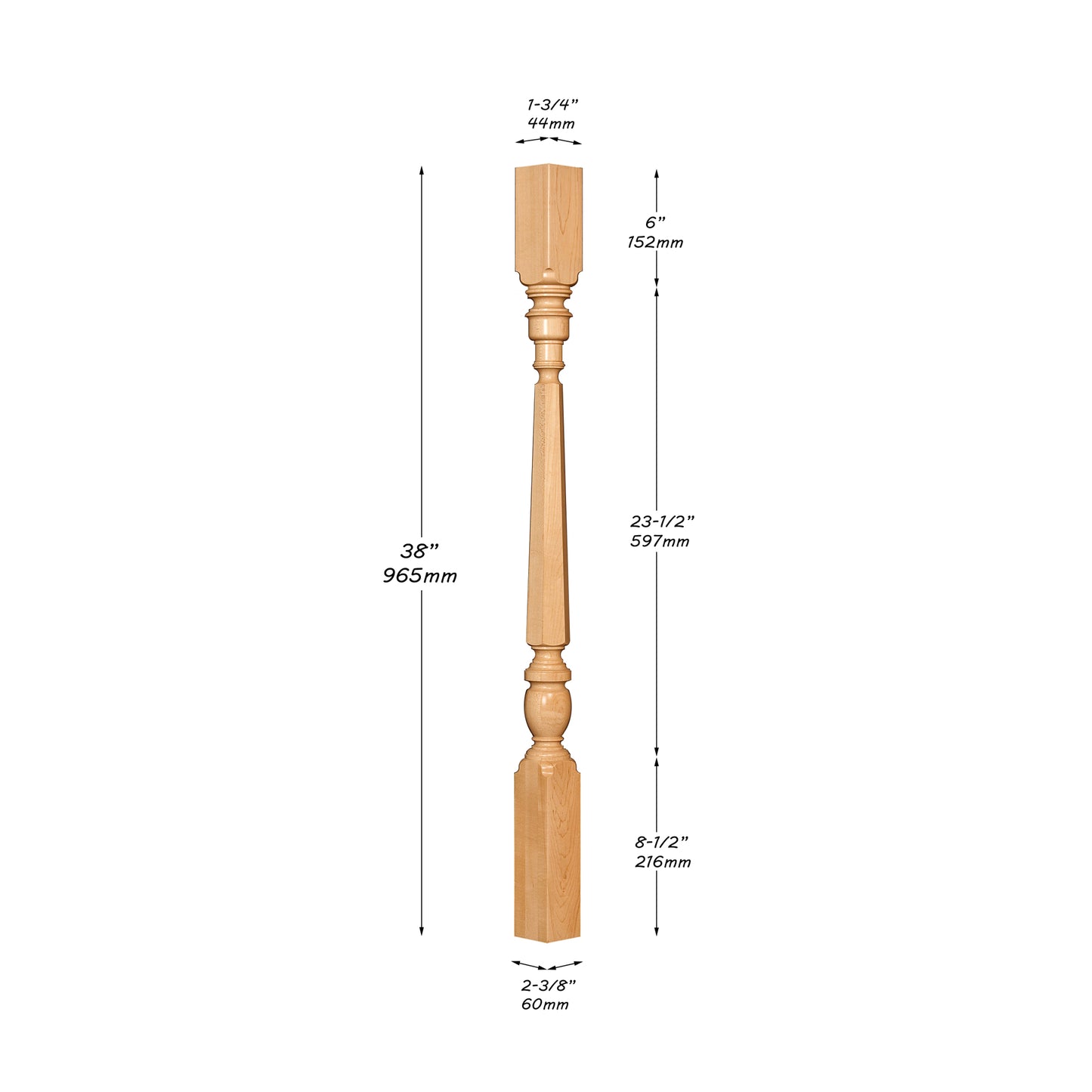 Set of 4, SPD-09 Wood Carved Hexagon Stair Balusters, Wood Spindles, 38"High, Unfinished