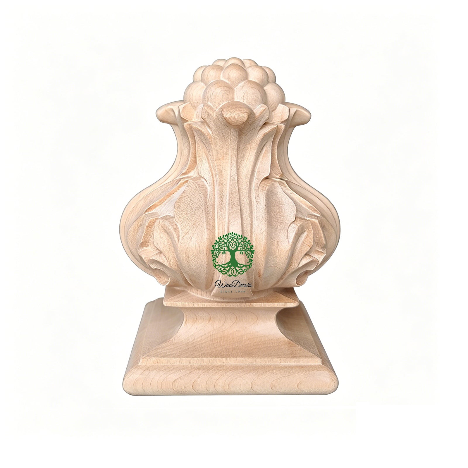 PAIR of Elegant Curved Wood Carved Lotus Post Finials, Screw Pre-installed, Available in Round and Square Bottom