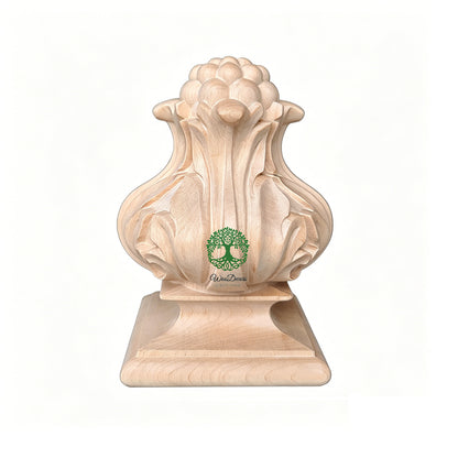 PAIR of Elegant Curved Wood Carved Lotus Post Finials, Screw Pre-installed, Available in Round and Square Bottom